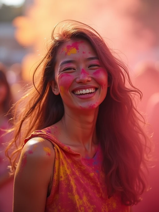 a model enjoying the Holi celebration, with if(gender=f){colorful powder in her hair and on her smiling face} if(gender=m){vibrant colors covering his face and shoulders}, radiating joy under the bright festival lights