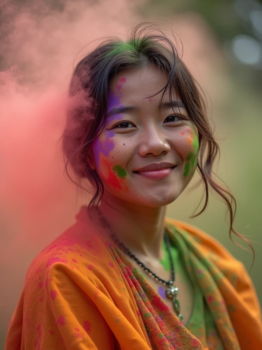 a model in if(gender=f){a simple cotton outfit} if(gender=m){a casual white shirt}, capturing their infectious energy during Holi, with their face and clothes beautifully decorated with green, orange, and purple colors