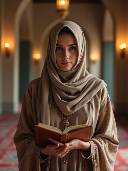 a model with if(gender=f){hands holding a Quran and prayer beads} if(gender=m){hands raised in dua prayer}, standing out in a beautifully decorated prayer space with soft lighting and Islamic calligraphy