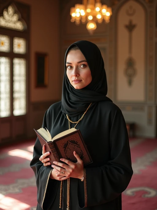 a model with if(gender=f){hands holding a Quran and prayer beads} if(gender=m){hands raised in dua prayer}, standing out in a beautifully decorated prayer space with soft lighting and Islamic calligraphy