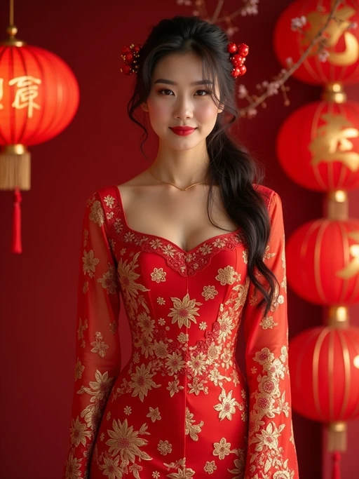 a stunning model in if(gender=f){a festive outfit in lucky red and gold} if(gender=m){traditional attire with prosperity symbols}, embodying the hope and new beginnings of the Lunar New Year