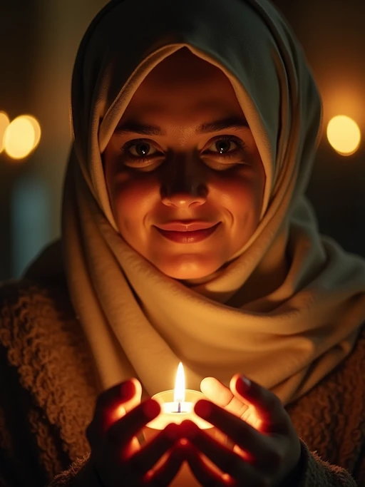 a model with if(gender=f){face framed by a beautiful hijab, illuminated by soft lantern light} if(gender=m){face with a peaceful expression in the glow of Ramadan lights}, capturing the spiritual reflection that defines this holy month