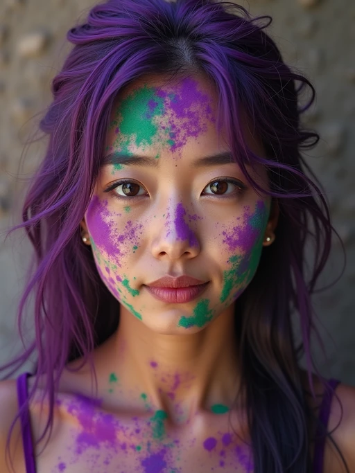 a stunning model with if(gender=f){hair and face decorated with purple and green Holi colors} if(gender=m){face and arms covered in red and blue Holi powders}, capturing the essence of this ancient Hindu celebration