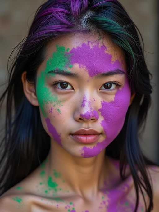 a stunning model with if(gender=f){hair and face decorated with purple and green Holi colors} if(gender=m){face and arms covered in red and blue Holi powders}, capturing the essence of this ancient Hindu celebration