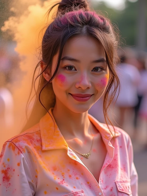 a model in if(gender=f){a simple white outfit now stained with colorful Holi powders} if(gender=m){a white shirt now covered with vibrant Holi colors}, embodying the free-spirited and joyful nature of the festival of colors