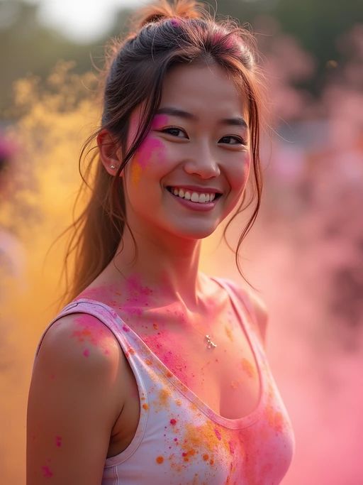 a model in if(gender=f){a simple white outfit now stained with colorful Holi powders} if(gender=m){a white shirt now covered with vibrant Holi colors}, embodying the free-spirited and joyful nature of the festival of colors