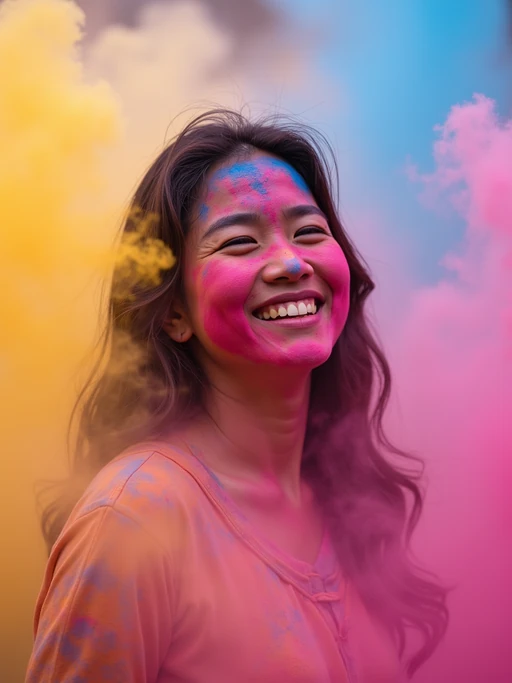 an incredibly attractive model during Holi celebrations, face and clothes covered with pink, blue, and yellow powders, smiling radiantly in the midst of color clouds