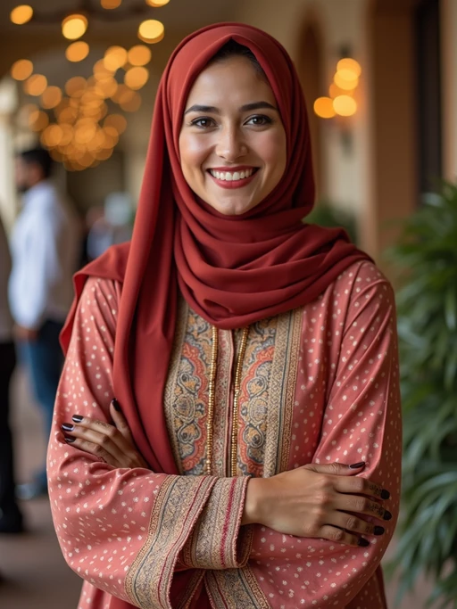 a model in if(gender=f){a modest yet fashionable Eid outfit} if(gender=m){traditional Eid clothes}, capturing their joyful energy during the end of Ramadan celebrations, with henna designs and festive decorations