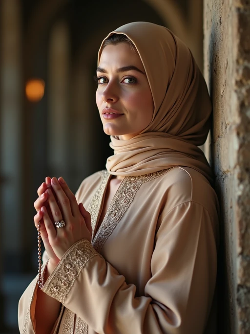 a model in if(gender=f){a modest festive outfit with embroidered details} if(gender=m){a crisp white thobe with subtle embellishments}, embodying the peaceful and reflective nature of Ramadan, with prayer beads in hand