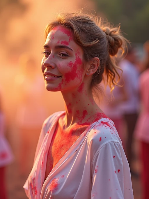 a stunning model in if(gender=f){a simple white dress now splashed with Holi colors} if(gender=m){white clothes now stained with festival pigments}, embodying the transformation and renewal symbolism of the Holi festival