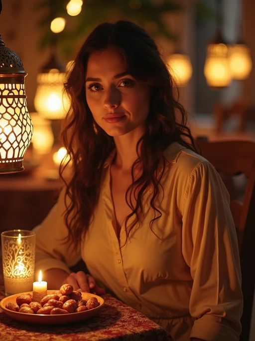 an incredibly attractive model during Ramadan evening celebrations, surrounded by glowing fanous lanterns, preparing for iftar with dates and water on a beautifully decorated table