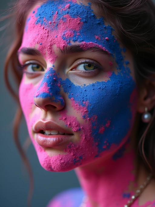 a model with if(gender=f){face artistically covered in blue and pink Holi powders} if(gender=m){face and chest decorated with red and yellow festival colors}, capturing the artistic expression that defines this ancient celebration