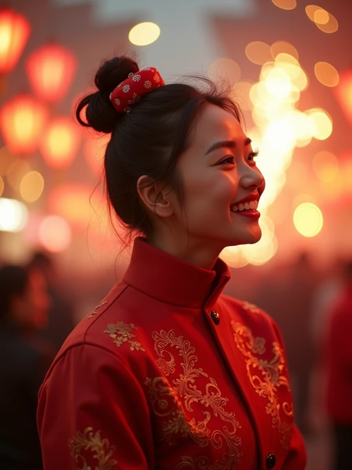 a model with if(gender=f){a happy expression while participating in Chinese New Year traditions} if(gender=m){a prosperous look while giving red envelopes}, adding a festive quality to their celebration, with fireworks and lanterns visible in the background