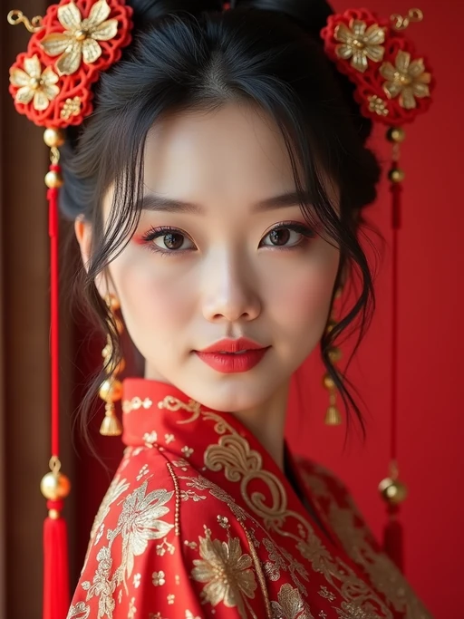 a model in if(gender=f){a traditional outfit with modern fashion elements} if(gender=m){a modern take on traditional clothes}, embodying the balance of tradition and contemporary life during Chinese New Year