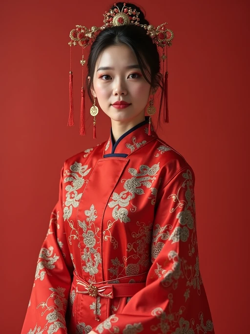 a model in if(gender=f){a traditional outfit with modern fashion elements} if(gender=m){a modern take on traditional clothes}, embodying the balance of tradition and contemporary life during Chinese New Year