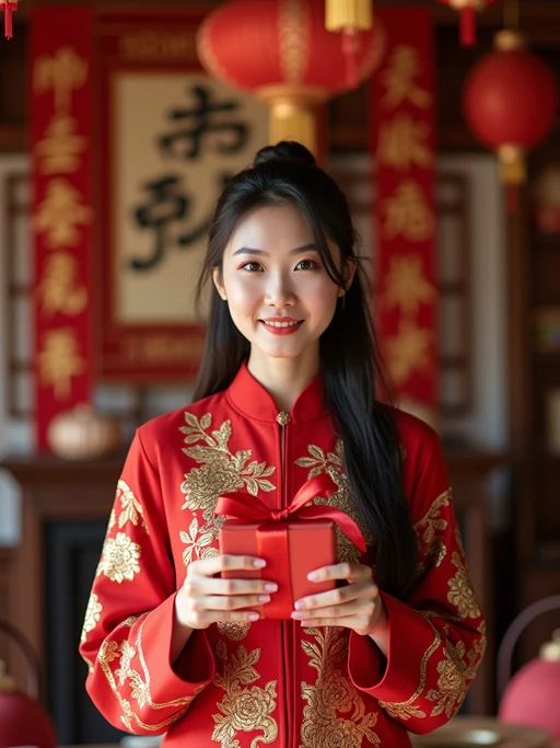 a model with if(gender=f){hands holding traditional Chinese New Year gifts} if(gender=m){hands arranging lucky decorations}, standing out in a beautifully decorated home with red and gold ornaments and Chinese calligraphy