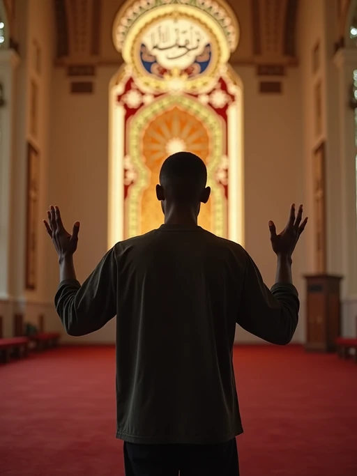 a model with if(gender=f){hands holding a Quran and prayer beads} if(gender=m){hands raised in dua prayer}, standing out in a beautifully decorated prayer space with soft lighting and Islamic calligraphy