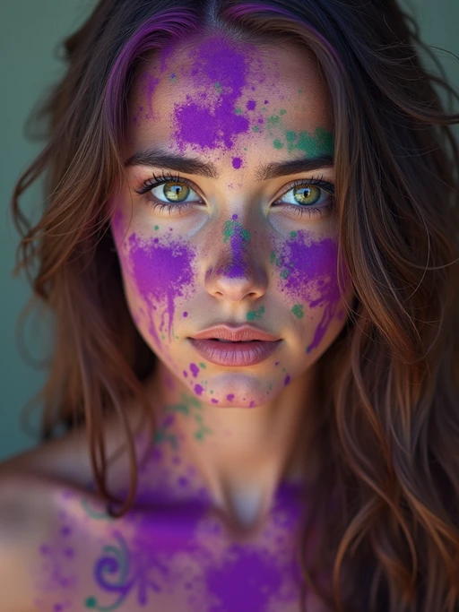 a stunning model with if(gender=f){hair and face decorated with purple and green Holi colors} if(gender=m){face and arms covered in red and blue Holi powders}, capturing the essence of this ancient Hindu celebration