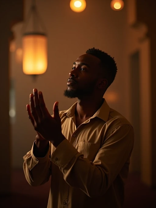 a model enjoying the Ramadan atmosphere, with if(gender=f){hands decorated with henna and holding a prayer book} if(gender=m){hands raised in prayer under soft lantern light}, radiating peace and spirituality