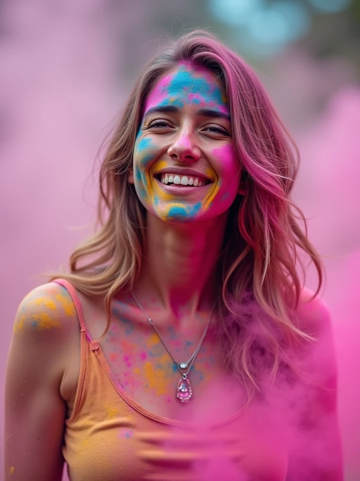 an incredibly attractive model during Holi celebrations, face and clothes covered with pink, blue, and yellow powders, smiling radiantly in the midst of color clouds