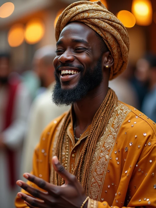 a model in if(gender=f){a modest yet fashionable Eid outfit} if(gender=m){traditional Eid clothes}, capturing their joyful energy during the end of Ramadan celebrations, with henna designs and festive decorations