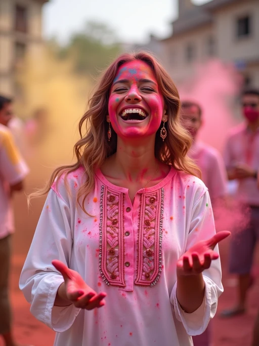 a stunning model celebrating Holi festival, covered in vibrant colored powders, wearing if(gender=f){a white traditional kurta} if(gender=m){a white traditional kurta}, joyfully throwing colorful powder in the air against a festive background