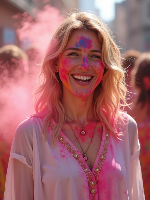 a stunning model celebrating Holi festival, covered in vibrant colored powders, wearing if(gender=f){a white traditional kurta} if(gender=m){a white traditional kurta}, joyfully throwing colorful powder in the air against a festive background
