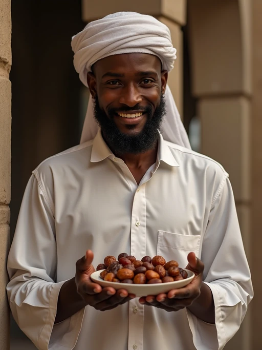 a model in traditional attire during Ramadan, sharing if(gender=f){homemade sweets with family} if(gender=m){dates and food with guests}, capturing the generous and community spirit of the holy month
