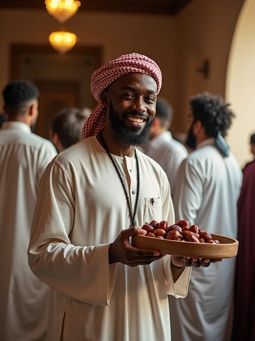 a model in traditional attire during Ramadan, sharing if(gender=f){homemade sweets with family} if(gender=m){dates and food with guests}, capturing the generous and community spirit of the holy month