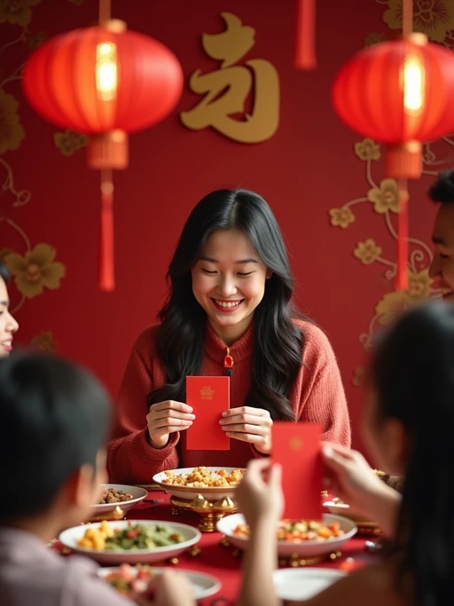 a model enjoying Chinese New Year festivities, surrounded by if(gender=f){family members exchanging red envelopes} if(gender=m){friends playing traditional games}, with a table full of symbolic foods and sweet treats