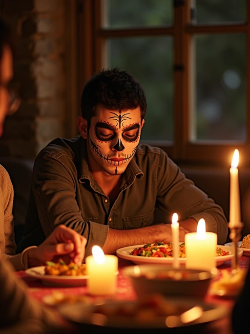 a model enjoying Day of the Dead festivities, surrounded by if(gender=f){family members arranging ofrendas} if(gender=m){friends lighting candles at an altar}, with a table full of traditional foods and favorite dishes of the departed
