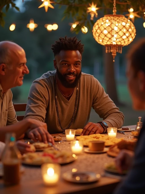a model enjoying Ramadan festivities in the evening, surrounded by if(gender=f){family members preparing iftar} if(gender=m){friends gathering for breaking fast}, with a table full of traditional foods and sweet treats