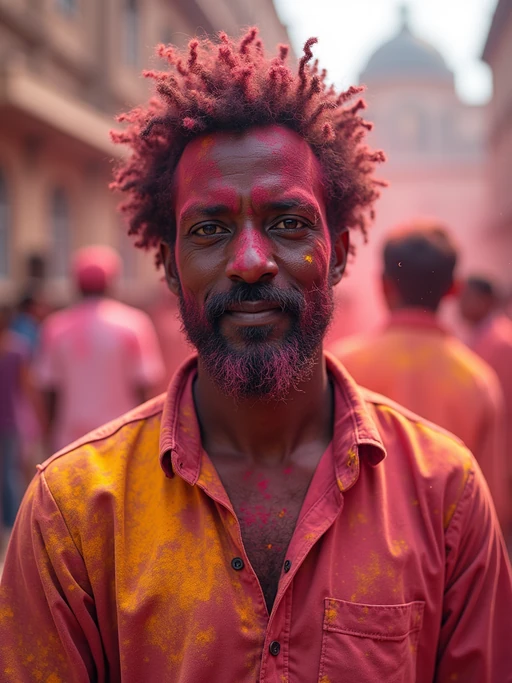 a model in if(gender=f){a traditional outfit now barely recognizable under layers of Holi colors} if(gender=m){simple clothes now completely transformed by festival powders}, embodying the playful culture of Holi where everyone becomes a canvas