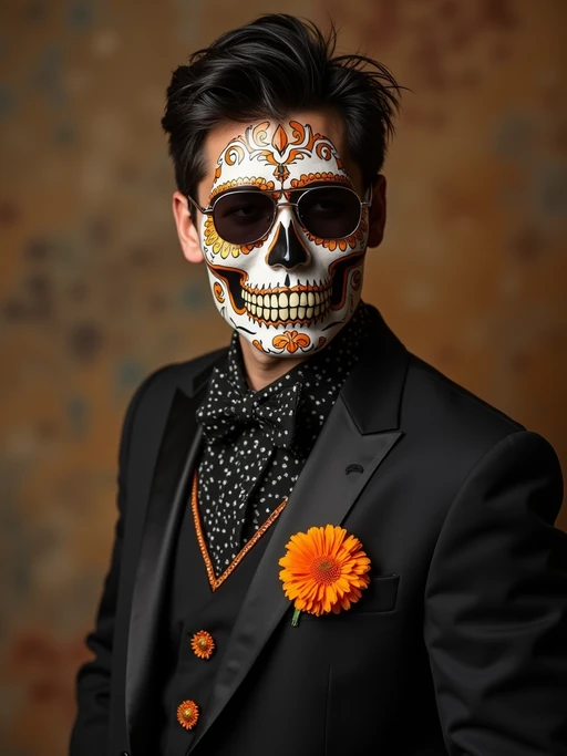 a model in if(gender=f){a flowing traditional dress with floral patterns} if(gender=m){a crisp dark suit with traditional Mexican details}, embodying the joyful and spiritual nature of Day of the Dead, with a sugar skull or marigold in hand