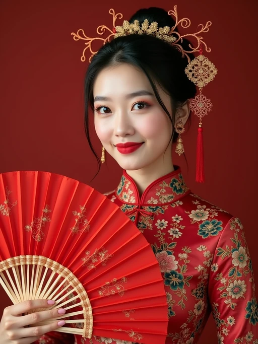 a model in if(gender=f){a silk qipao with embroidered details} if(gender=m){a festive Tang suit with traditional elements}, embodying the joyful and prosperous nature of Chinese New Year, with a red fan or lucky ornament in hand