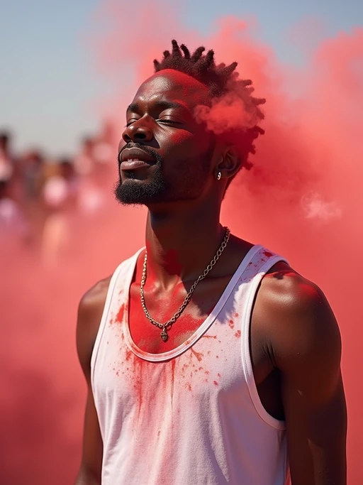 a stunning model in if(gender=f){a simple white dress now splashed with Holi colors} if(gender=m){white clothes now stained with festival pigments}, embodying the transformation and renewal symbolism of the Holi festival