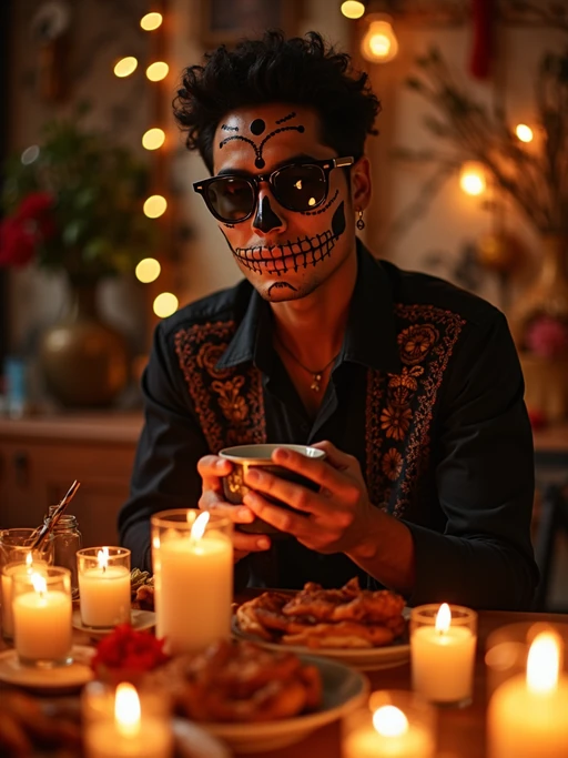 an incredibly attractive model during Día de los Muertos celebrations, surrounded by glowing candles and ofrendas, enjoying traditional pan de muerto and Mexican hot chocolate on a beautifully decorated altar