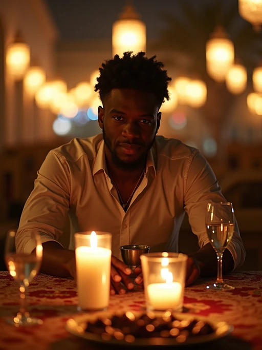 an incredibly attractive model during Ramadan evening celebrations, surrounded by glowing fanous lanterns, preparing for iftar with dates and water on a beautifully decorated table