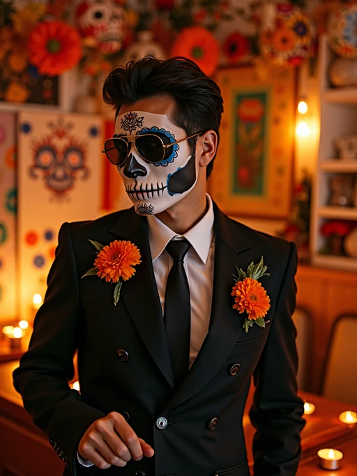 a stunning model celebrating Day of the Dead, surrounded by marigold flowers and candles, wearing if(gender=f){a beautiful traditional dress with colorful embroidery} if(gender=m){a formal suit with traditional elements}, with sugar skull decorations and papel picado in the background