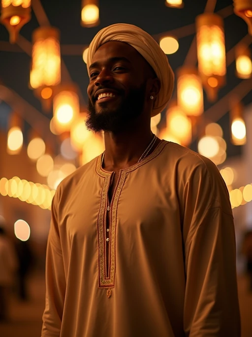 a stunning model celebrating Ramadan, surrounded by traditional lanterns and fairy lights, wearing if(gender=f){a beautiful modest outfit with elegant hijab} if(gender=m){a traditional thobe or kurta}, with crescent moon decorations in the background