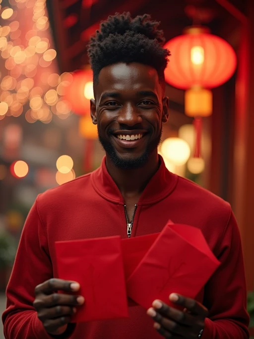 a model with if(gender=f){a happy expression while participating in Chinese New Year traditions} if(gender=m){a prosperous look while giving red envelopes}, adding a festive quality to their celebration, with fireworks and lanterns visible in the background