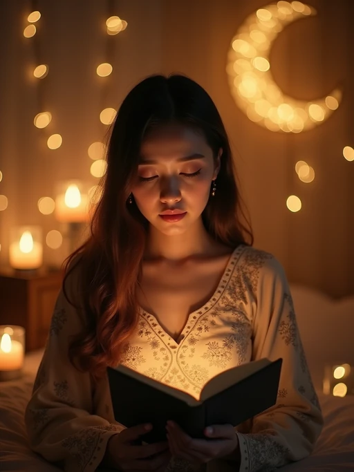 a model with if(gender=f){a serene expression while reading Quran in a beautifully decorated space} if(gender=m){a contemplative look while arranging dates for iftar}, adding a spiritual quality to their Ramadan observance, with soft golden lights and crescent moon decorations visible in the background
