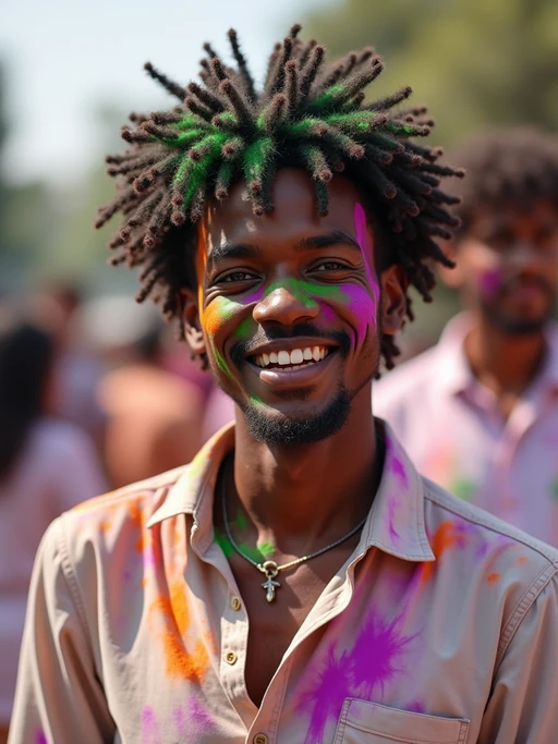 a model in if(gender=f){a simple cotton outfit} if(gender=m){a casual white shirt}, capturing their infectious energy during Holi, with their face and clothes beautifully decorated with green, orange, and purple colors