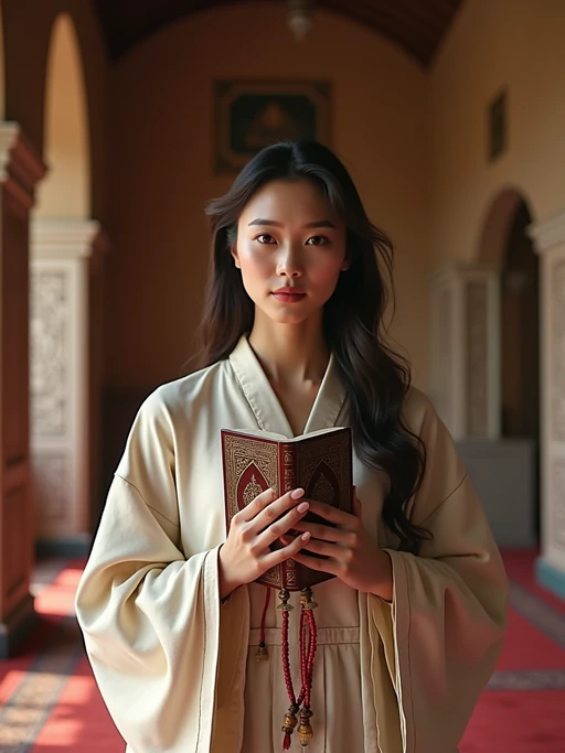 a model with if(gender=f){hands holding a Quran and prayer beads} if(gender=m){hands raised in dua prayer}, standing out in a beautifully decorated prayer space with soft lighting and Islamic calligraphy