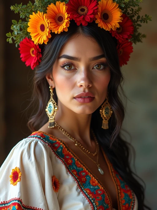 a stunning model in if(gender=f){a festive outfit with traditional Mexican embroidery} if(gender=m){traditional attire with Day of the Dead symbols}, embodying the remembrance and celebration of ancestors