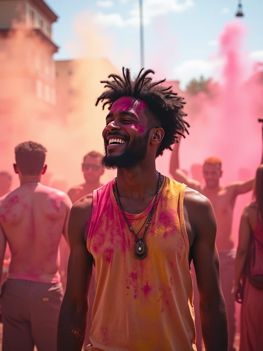 a model enjoying Holi festivities on a sunny day, surrounded by if(gender=f){friends throwing gulal powder} if(gender=m){people spraying colored water}, raising their hands in celebration with multicolored powder clouds in the air