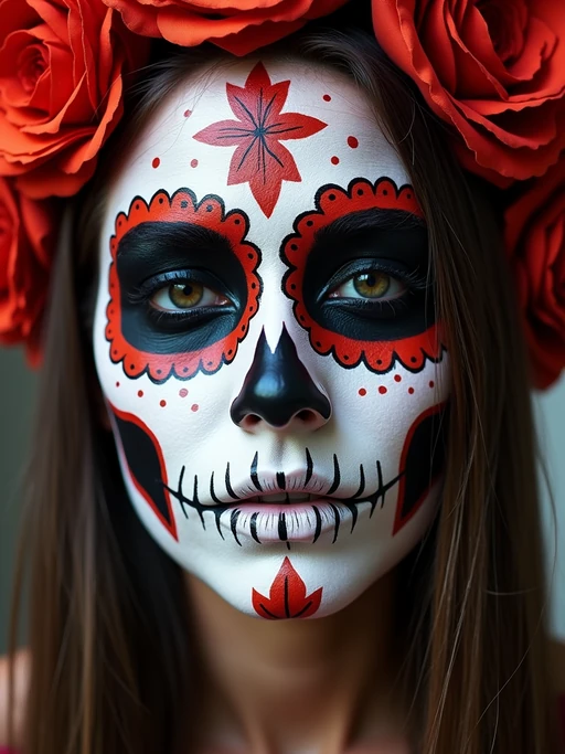 a model with if(gender=f){face beautifully painted in half-skull calavera style} if(gender=m){face with elegant sugar skull painting}, capturing the duality of life and death that defines this important cultural celebration