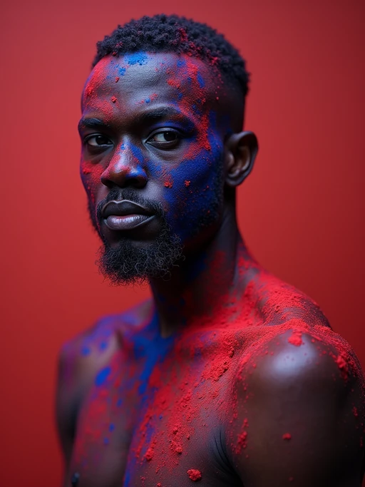 a stunning model with if(gender=f){hair and face decorated with purple and green Holi colors} if(gender=m){face and arms covered in red and blue Holi powders}, capturing the essence of this ancient Hindu celebration