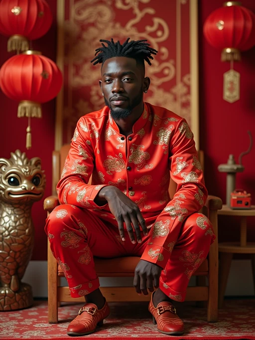 a stunning model in if(gender=f){a modern take on traditional Chinese attire} if(gender=m){contemporary fashion with traditional Chinese touches}, capturing their festive look against a backdrop of Chinese zodiac symbols and Chinese New Year decorations