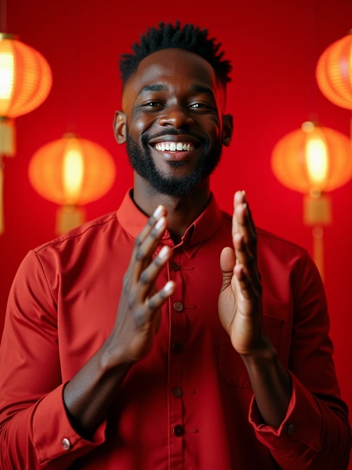 a model enjoying the Chinese New Year atmosphere, with if(gender=f){hands holding lucky red envelopes} if(gender=m){hands making traditional greeting gesture}, radiating happiness and prosperity